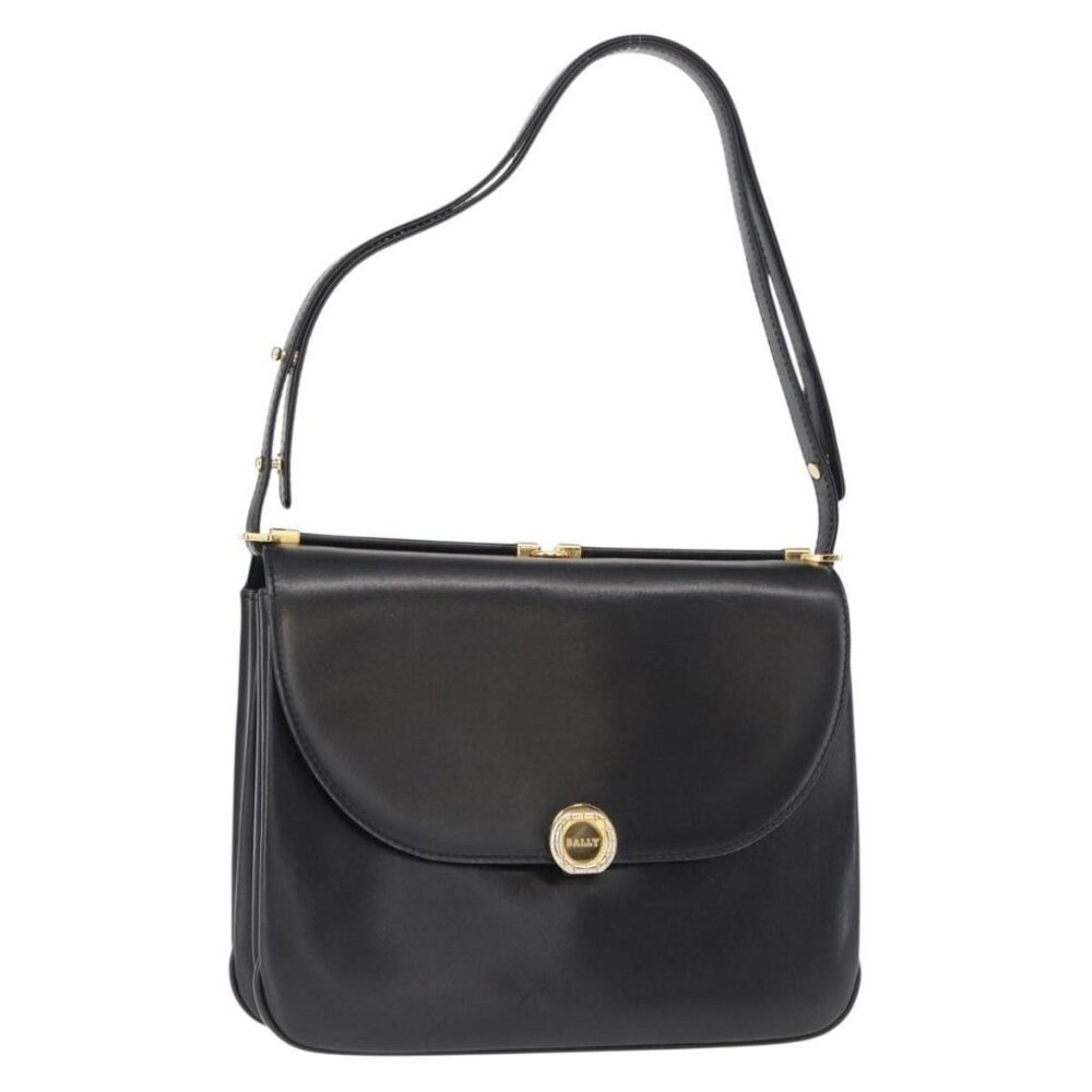 Authentic BALLY Shoulder Bag Leather Black Gold